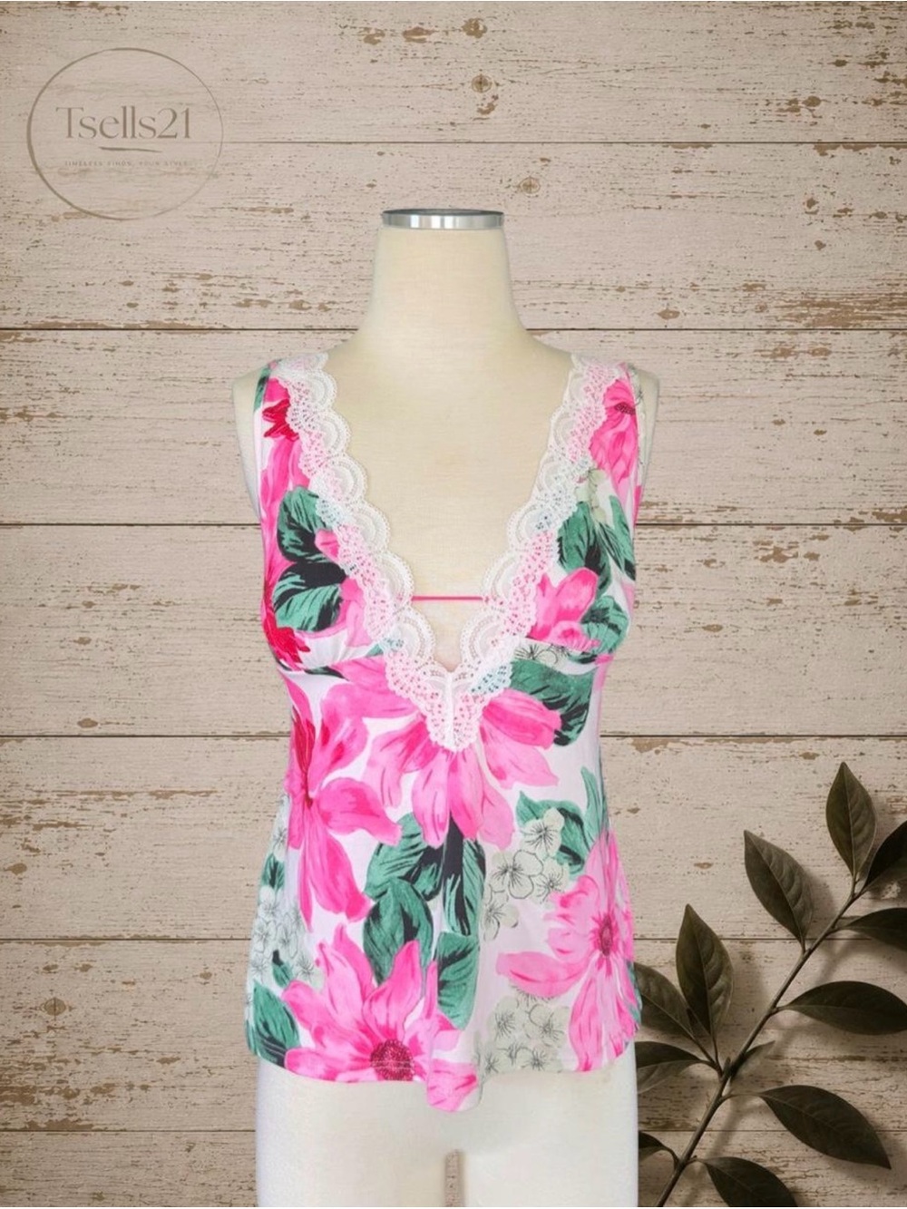 Linea Donatella Floral Lace Trim Pajama Tank Top Camisole - Size S
